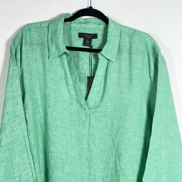 TAHARI 100% Linen Tunic Top Shirt Womens Sz 2X Green 3/4 Sleeves Side Hem Button - Picture 3 of 11